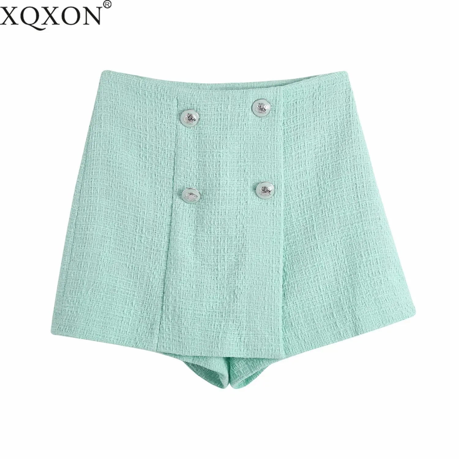 

Fall Women 2021 Chic Fashion With Buttons Tweed Shorts Skirts Vintage High Waist Side Zipper Female Skorts Mujer