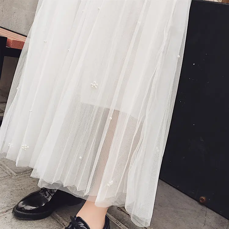 

Large size skirt summer women 2020 new pleated skirt super fire medium length skirt fairy skirt nail bead mesh skirt