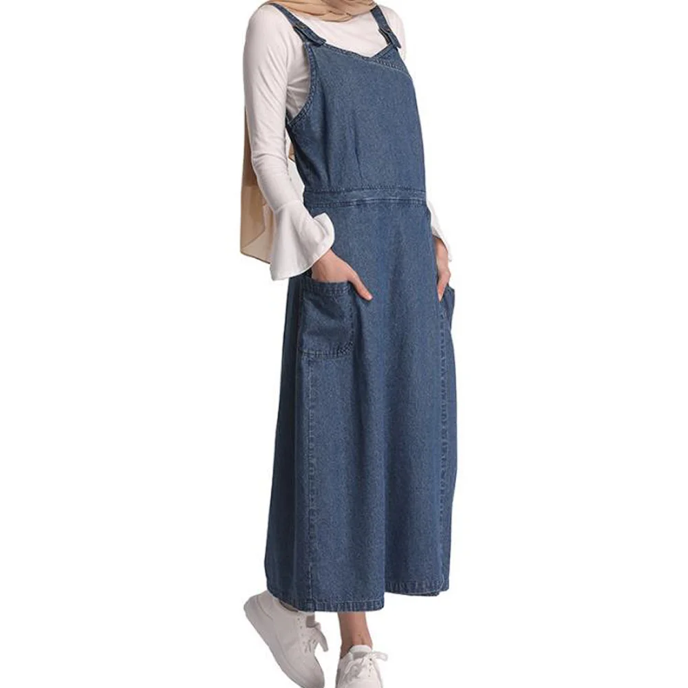 

Muslim Denim Abaya Suspender Strap Maxi Dress Long Robe Musulman Ramadan Dubai Arab Islamic Turkish Clothing Kaftan Blue Dress