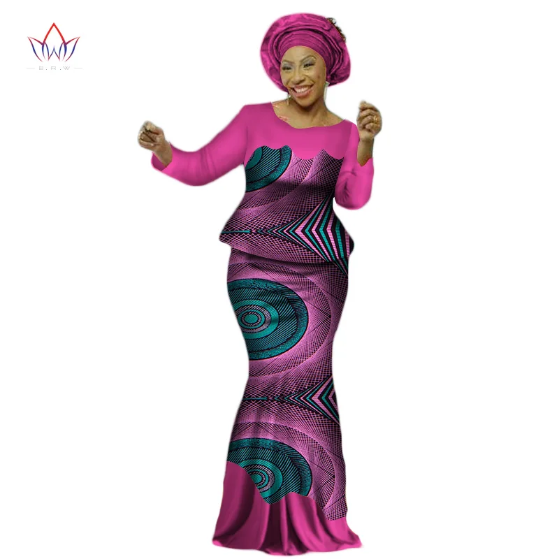 Africa Style Bazin Riche Dresses for Women Two Pieces Set Long Sleeve Tops and African Print Skirt Plus Size WY2454|bazin riche dress|bazin richerich