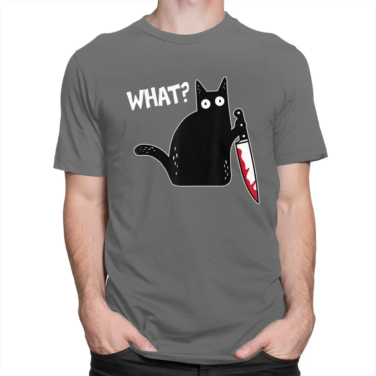 

Personality What Murderous Cat Holding Knife T-shirt Short Sleeves Pure Cotton Tee Round Neck Streetwear Funny Halloween Tshirt