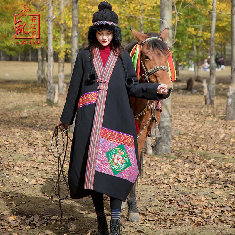 LZJN винтажные женские парки хлопок лен пальто зима вышивка пэтчворк теплые