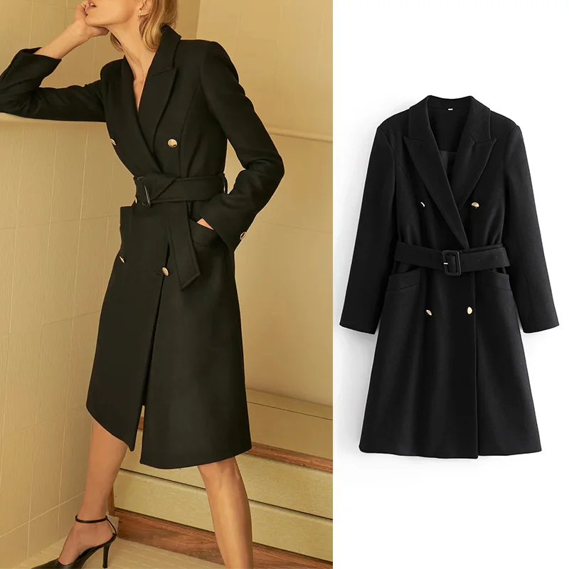 

Women 2020 Autumn Fashion With Belt Double Breasted Woolen Coat Vintage Long Sleeve Pockets Female Outerwear Za Chic Overcoat