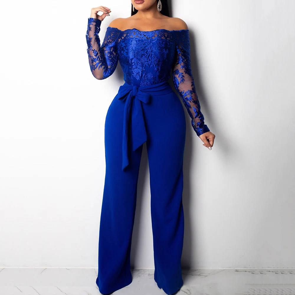 

Jumpsuit High Waist Plain Long Sleeve Jumpsuit Women Slash Neck Elegant Party Swallowtail Slim Autumn Ladies Wide Leg Jumpsuits