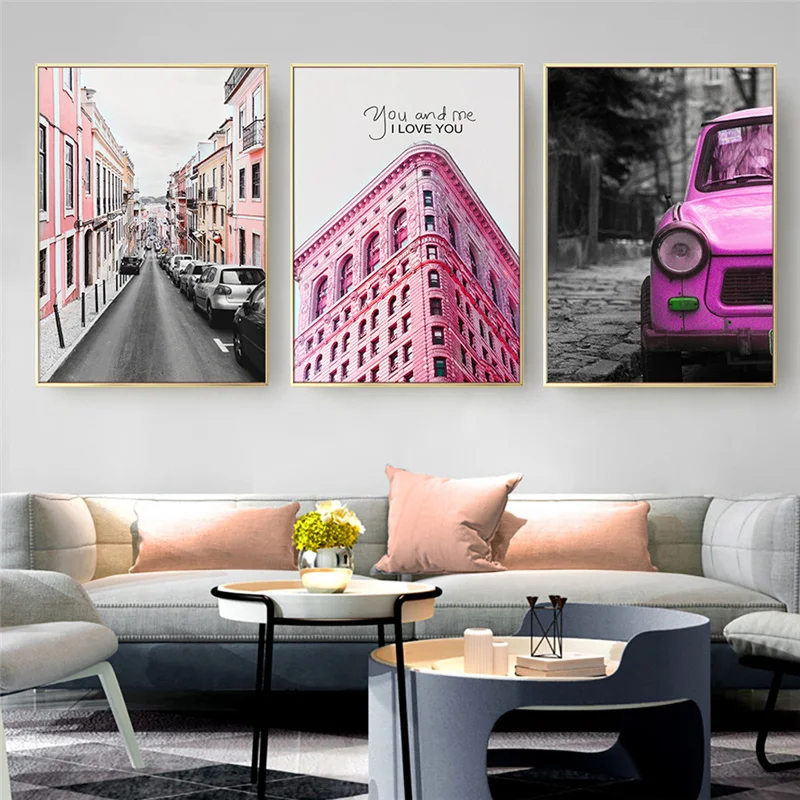 

Nordic Pink Architectural Canvas Painting Retro Black White City Landscape Poster Print Modern Picture Living Room Home Decor