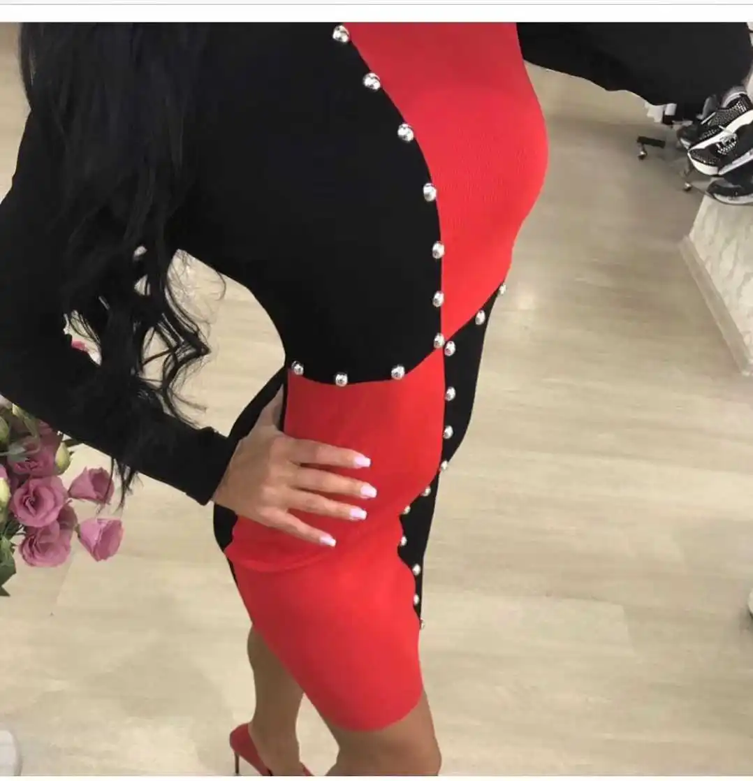 

2020 Hot Sale Dress Knee-length Vadim Dress Women's Bag Hip Slim Long Sleeve Color Matching Cotton And Beaded Fashion Female