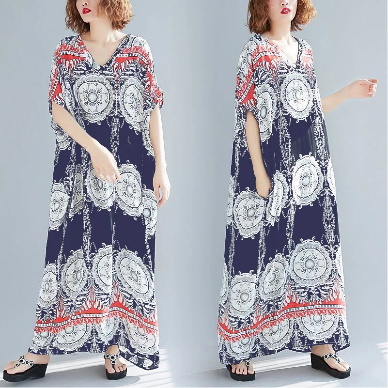 

Summer Plus Size V-neck Loose Maxi Dresses Women Beach Print Bohemian Long Robe Dresses Holiday Dresses Fat Women Dress Beach