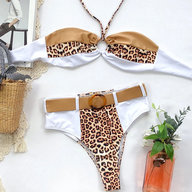 

Vintage High Waist Bikini Set Leopard Print Swimsuit 2020 Female Belt Swimwear Women Sexy Halter Biquinis Patchwork Bathing Suit
