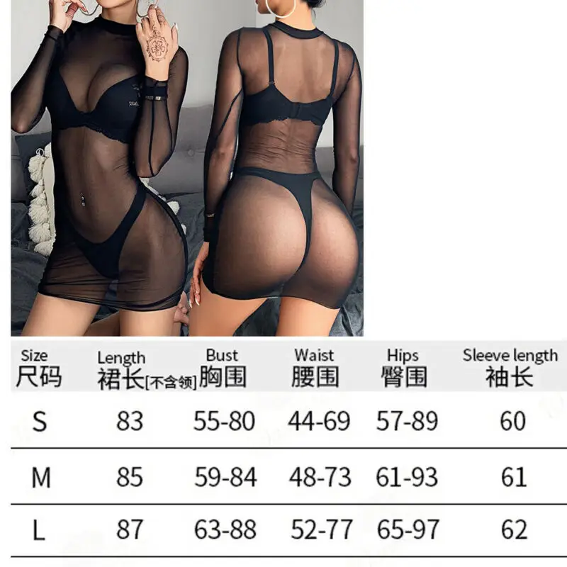 

Women Mesh Sheer Bikini Cover Up Sexy See Through Swimwear Long Sleeve Beach Dress Summer Clubwear Party Dress