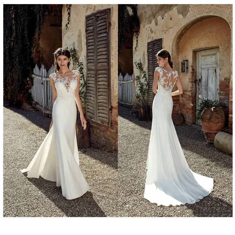 

Sexy Sleeveless See Through Neck Appliqued Lace Wedding Dresses 2020 Mermaid Train Illusion Boho Bridal Gown Dress White Ivory