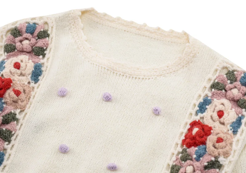 

New Arrival Vintage Gentle Women Pullover 3D Flower Embroidery High Quality Sweater Sweet Runway Fall Winter Jumper Female Tops