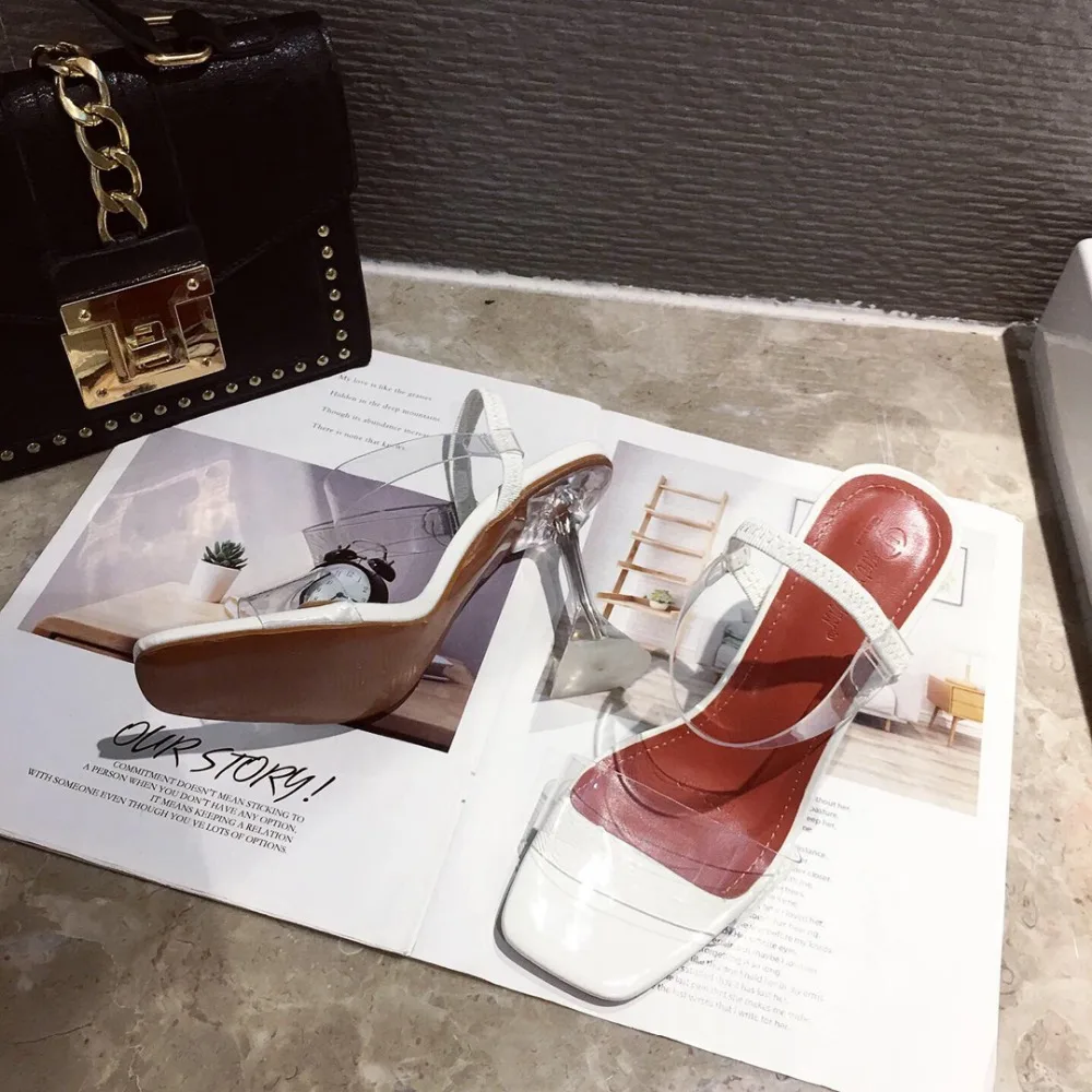Bellinsley White Yellow PVC Jelly Sandals Crystal Open Toe Perspex Spike High Heels Transparent Heel Sandals Slippers 9CM Pumps