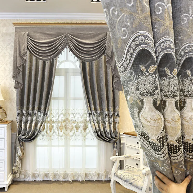 European Style Curtains for Living Room Bedroom Light Luxury Embroidered Chenille Curtain Door Window Drapes Blue Color