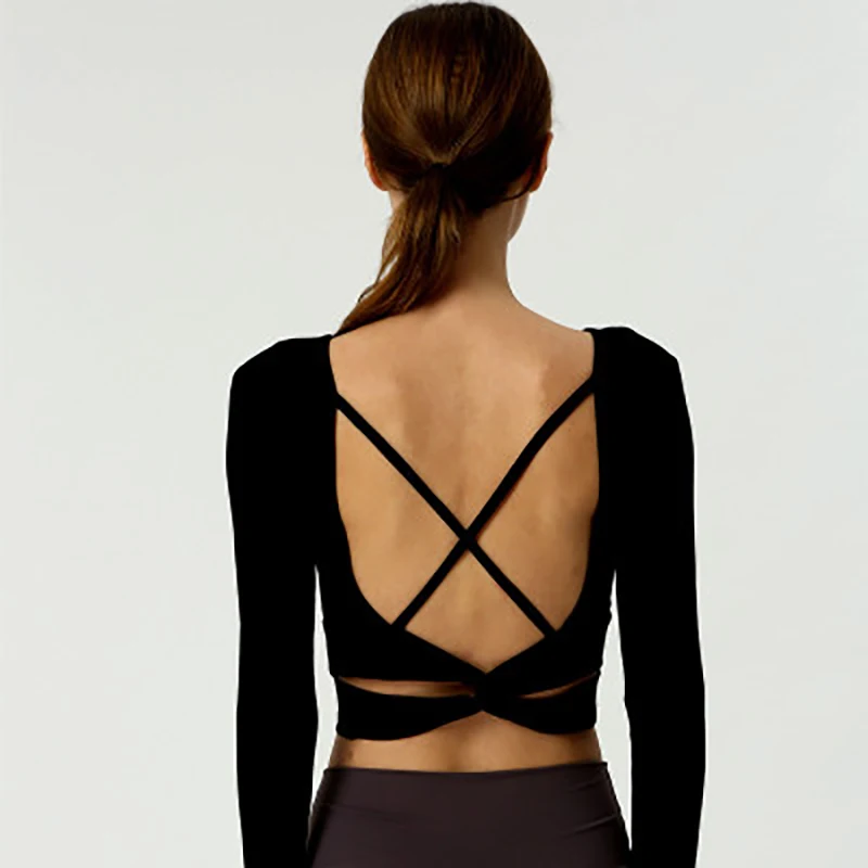 Zhangyunuo рубашка с открытой спиной для йоги длинным рукавом укороченный топ