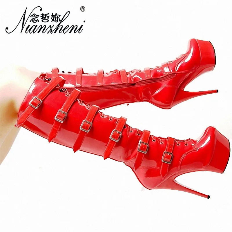 20CM High Heel Sexy Buckle Black Paint Platform  Club Fashion Women Boots 8 Inch 15CM Knee Gladiator Pole Dance Shoes Stripper