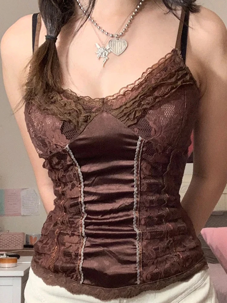 

Y2K коричневый Кружевной укороченный топ с оборками, атласный Заплатанный мини-жилет с открытой спиной и V-образным вырезом, майки, женские ми...