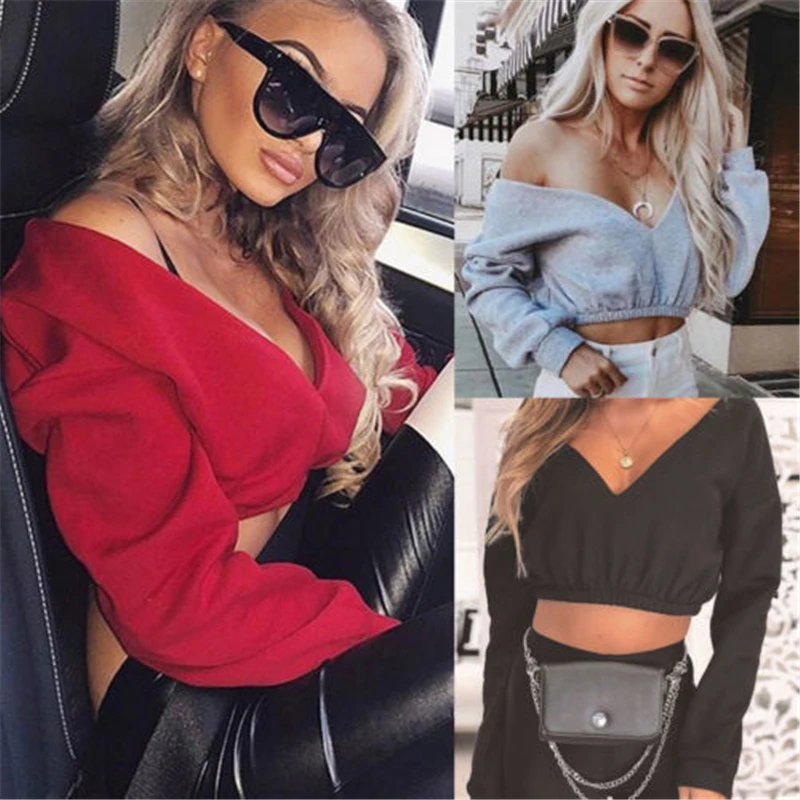 New Womens Tops Autumn Crop Hoodies Women Long Sleeve Deep-V Neck Top Off Shoulder Sweatshirts Sexy Casual Tops
