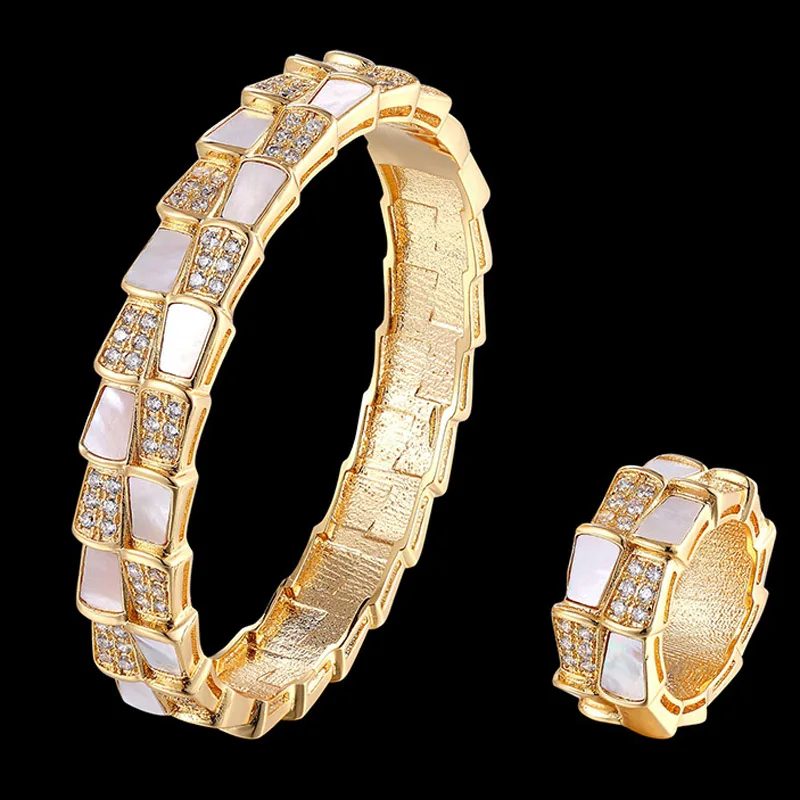 

Zlxgirl jewelry luxury brand real shell Gold Copper bangle with ring jewelry sets for women bridal bijoux sets zircon bangle set
