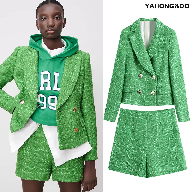 Женский твидовый костюм в клетку ZA повседневный оверсайз с длинным рукавом и