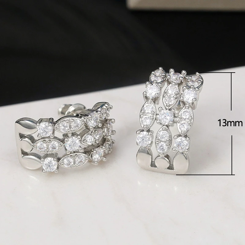 

2021 New Fashionable Hollow Three-row Zircon Earrings Women Shiny Wedding Party Daily Wear Multi-purpose Ladies Accessories