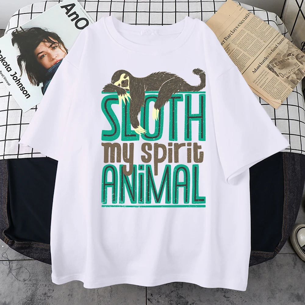 

100% Cotton Sloth Is My Spirit Animal Letter Print T Shirts Mens Hip Hop S-XXXL Tops Short Sleeves Oversize Mens Clothes Casual