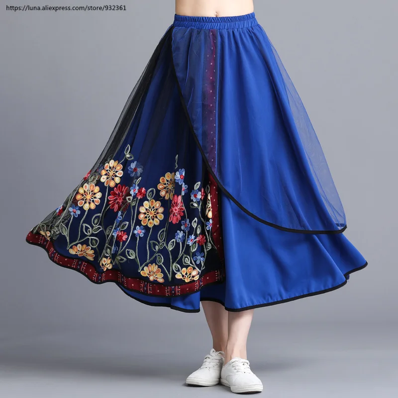 Винтажная Бохо Цветочная вышивка Асимметричная длинная юбка женская синяя