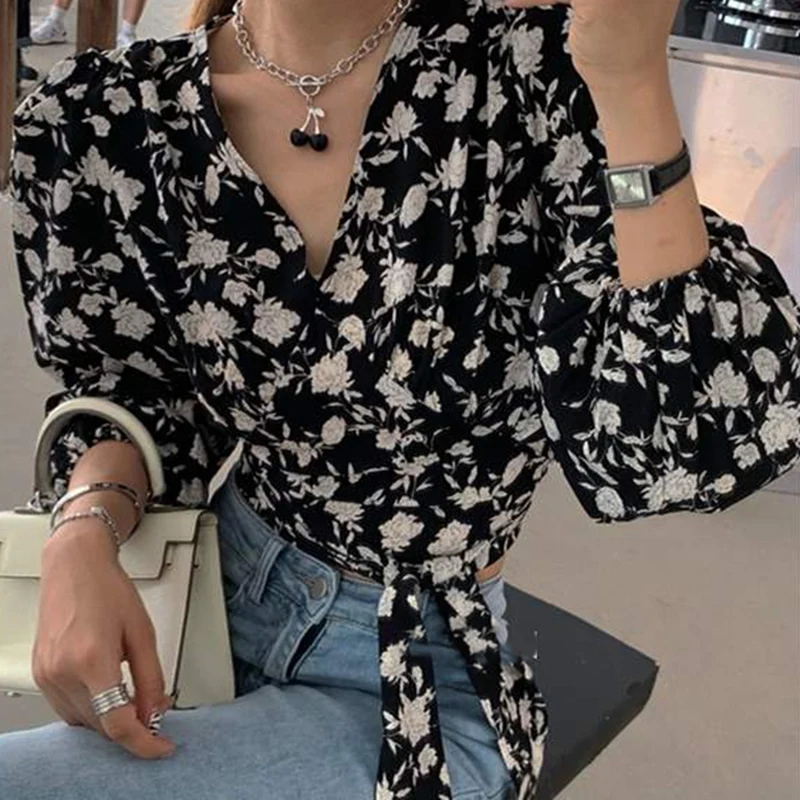 Шифоновая Блузка с цветочным принтом Женская туника на завязках кимоно