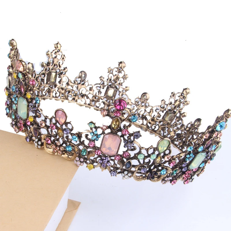 

New Baroque Rainbow Crystal Tiara and Crown for Bride Round Wedding Diadem Crowns Vintage Rhinestone Queen Princess Tiaras ML892