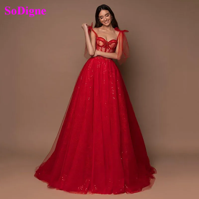 

SoDigne Red A Line Long Prom Dresses Shiny Spaghetti Straps Tulle Corset Evening Gowns Floor Length Wedding Party Dress