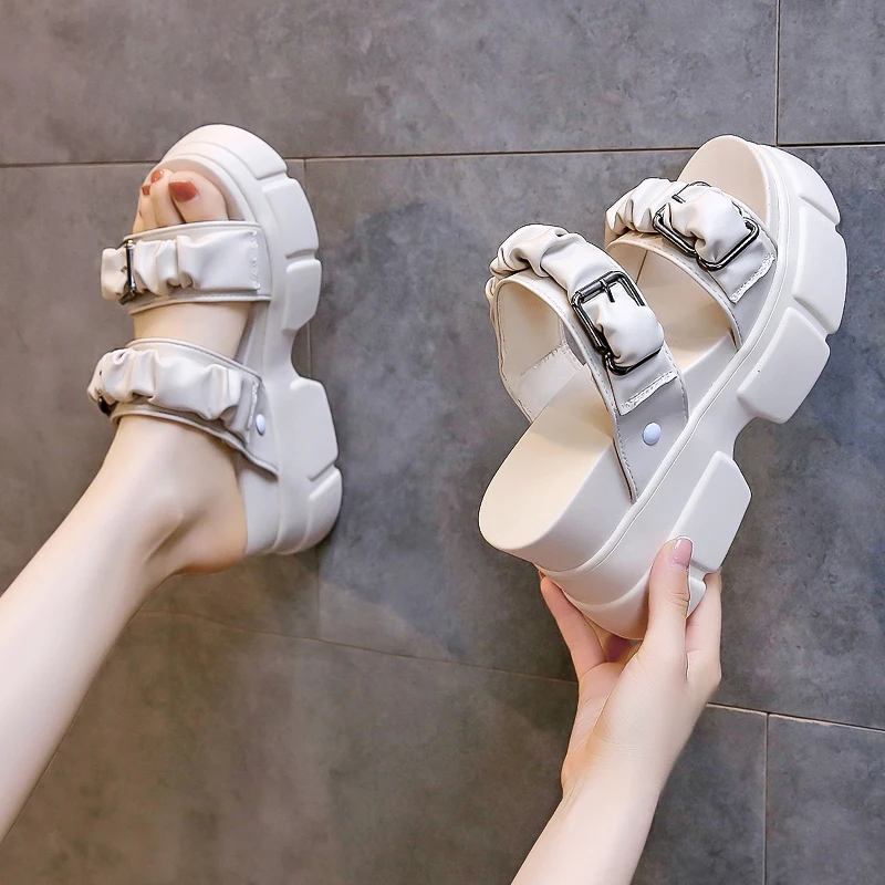

Shoes Woman 2021 Med Slippers Summer Heeled Mules Luxury Slides Square heel Platform Soft High Designer Block Flat Scandals PU B