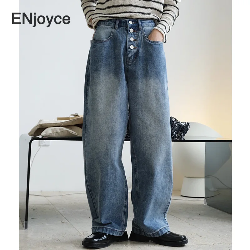 

Vintage Blue High Waist Denim Pants Women Korean Single-Breasted Straight-Leg Washed Jeans Baggy Long Trousers Streetwear