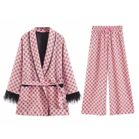2021 geometric printing feather kimono coat with sashes fashion ladies wide leg pants pajamas suits pink two piece set