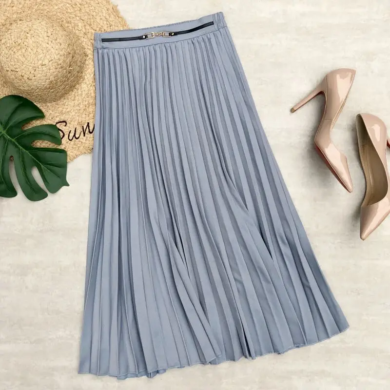 

2021 новые летние эластичные Высокая талия тонкие простые Однотонная одежда свободная повседневная юбка в складку для женщин большого разме...