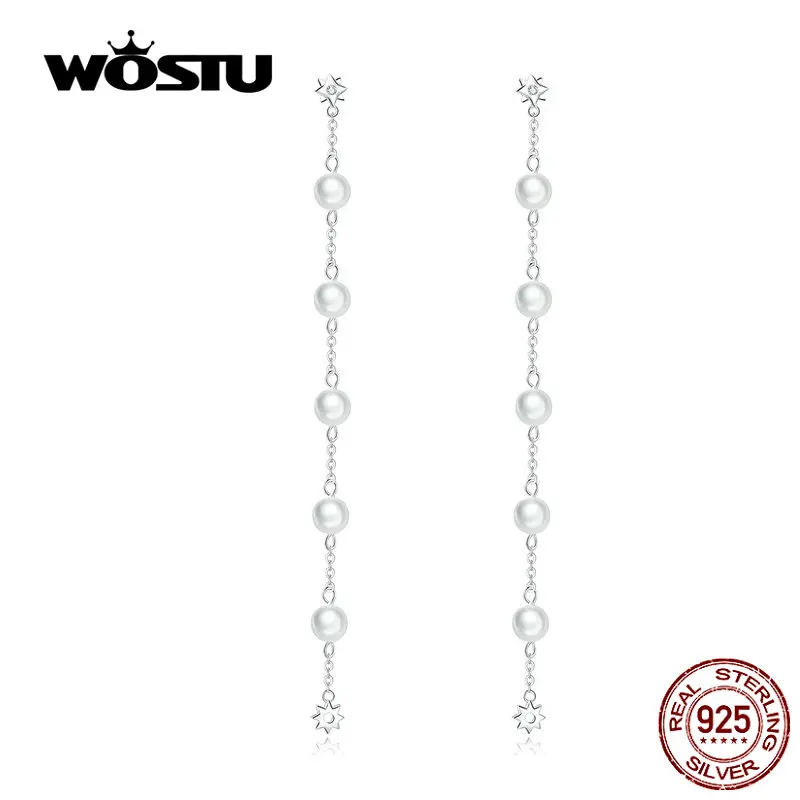 WOSTU Настоящее 925 Висячие серьги из серебра 925 пробы Горячая Мода Простой Жемчуг длинные кисточки изготовление сережек подарок для женщин CTE185