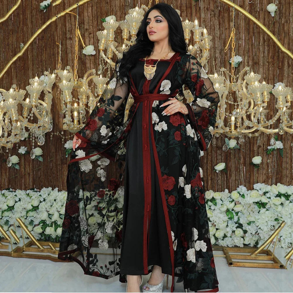 

MD Embroidered Floral Lace Mesh Abaya Set Dubai Arabic Turkish Cardigan Kaftan Long Dress Muslim Women Djelaba Islamic Clothing