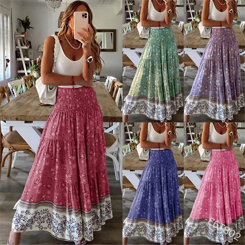 

High Waist Skirt Women Summer Skirts Y2K Bohemian Style A-Line Shrinkage Elastic Flower Print Beach Long Skirts For Woman Faldas