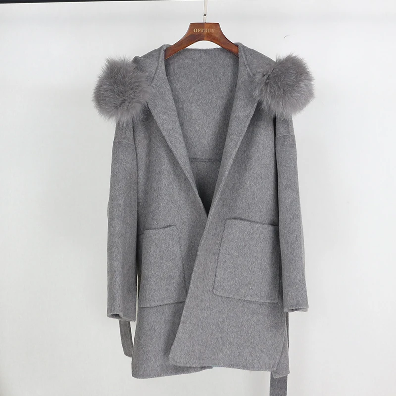 

2021 Real Fur Coat Winter Jacket Women Loose Natural Fox Fur Collar Cashmere Wool Blends Outerwear Streetwear Oversize