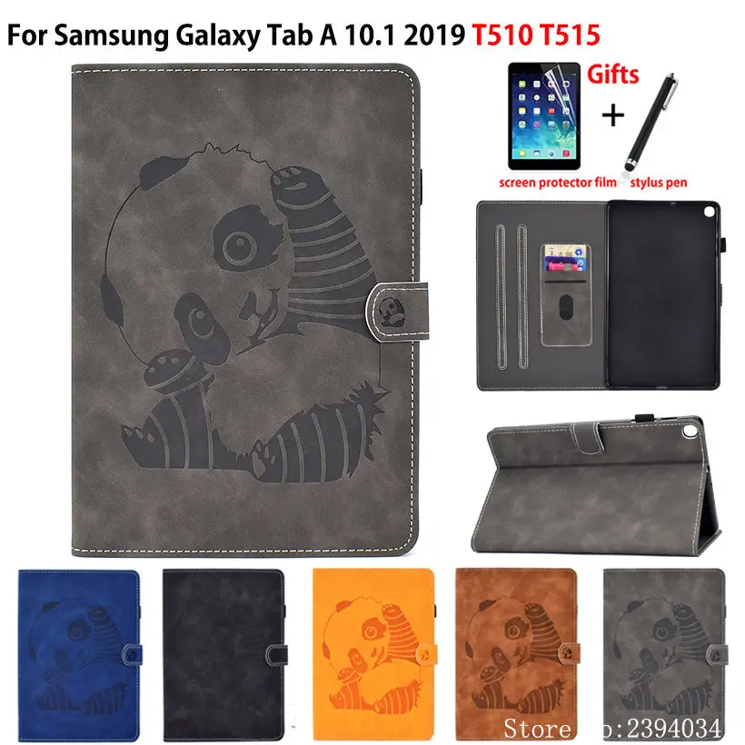 

SM-T510 Case Cover For Samsung Galaxy Tab A 10.1 2019 T510 T515 SM-T515 Funda panda Embossed PU leather Stand Shell Capa +Gift