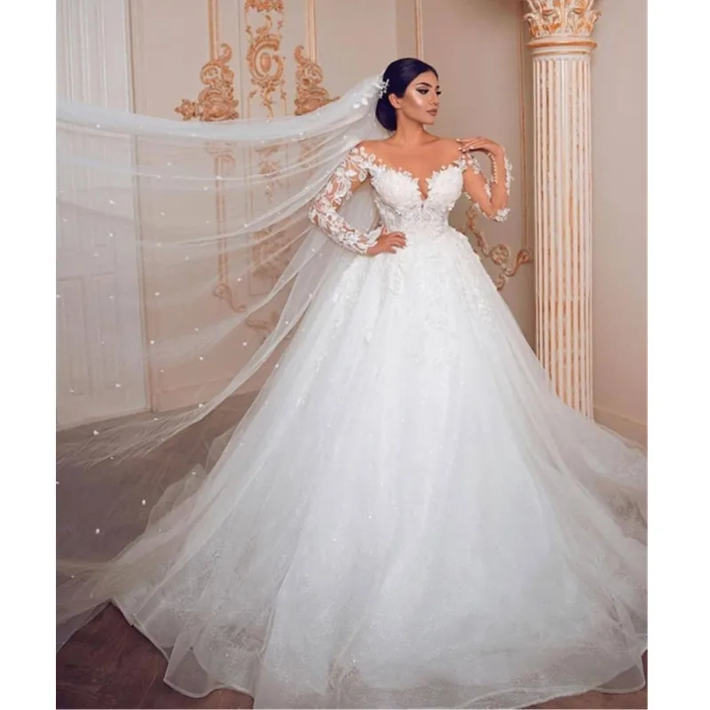 

Роскошное бальное кружевное платье принцессы с длинным рукавом свадебные платья с драгоценным вырезом Свадебные платья для невесты иллюзия с аппликацией на спине