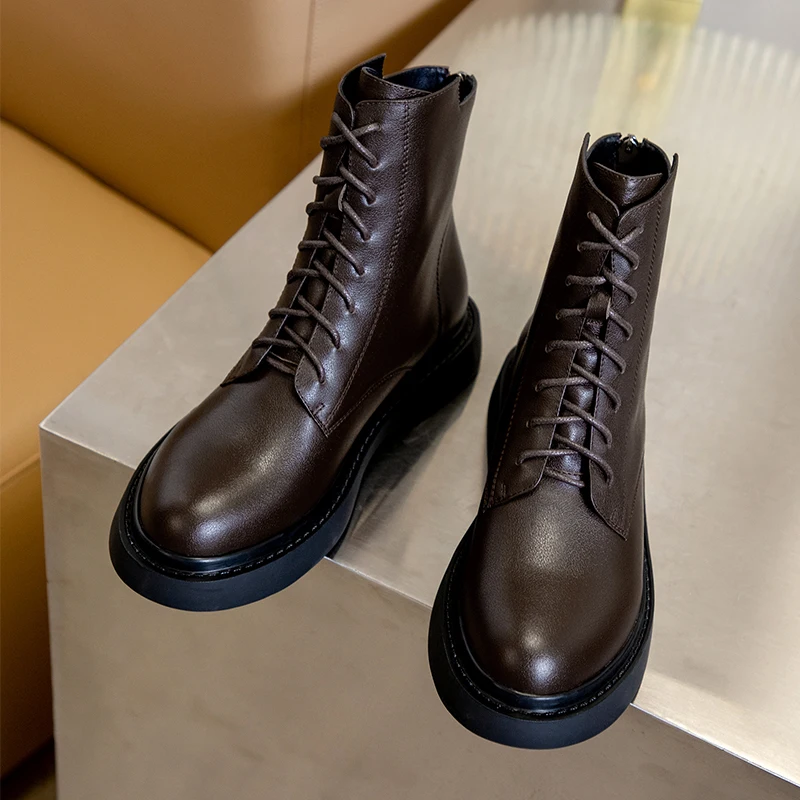 Jual Sepatu Bot Wanita Musim Dingin 2022 Sepatu Bot Pergelangan Kaki Kulit Asli Mewah Pendek Datar Ujung Bulat Sepatu Platform Pendek Cocok Untuk Semua Warna Coklat Hitam