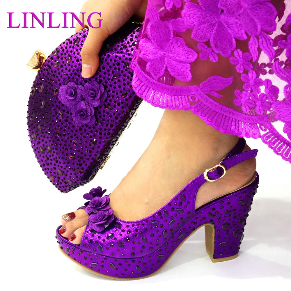 Elegant Purple Color Italian Design 2021 Lastest Fashion Unqie Style Women Shoes and Bag Set Decorated With Rhinestone for Party