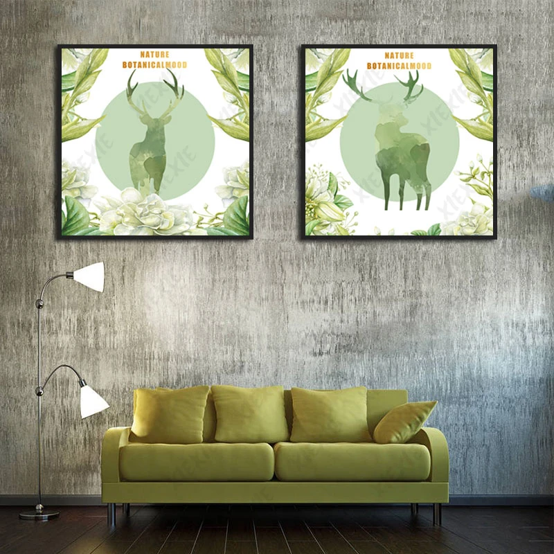 

Natural and Fresh Style Green Background with Leaves Flowers Nordic Wall Art Posters Canvas Painting for Living Room Decoration