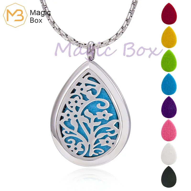 

Stainless steel Teardrop necklaceAromatherapy Locket Essential Oil Diffuser pendant tree life and leaf pendant for women