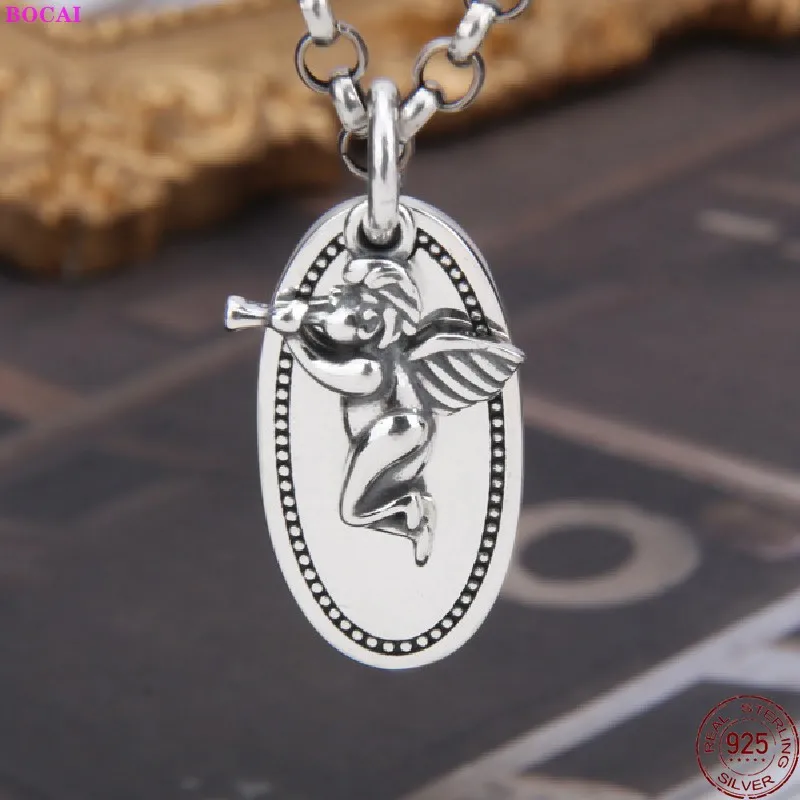 

BOCAI S925 Sterling Silver Charm Pendants for Men Women Wings Little AngeL Oval Hanging Dangler Pure Argentum Trend Jewelry
