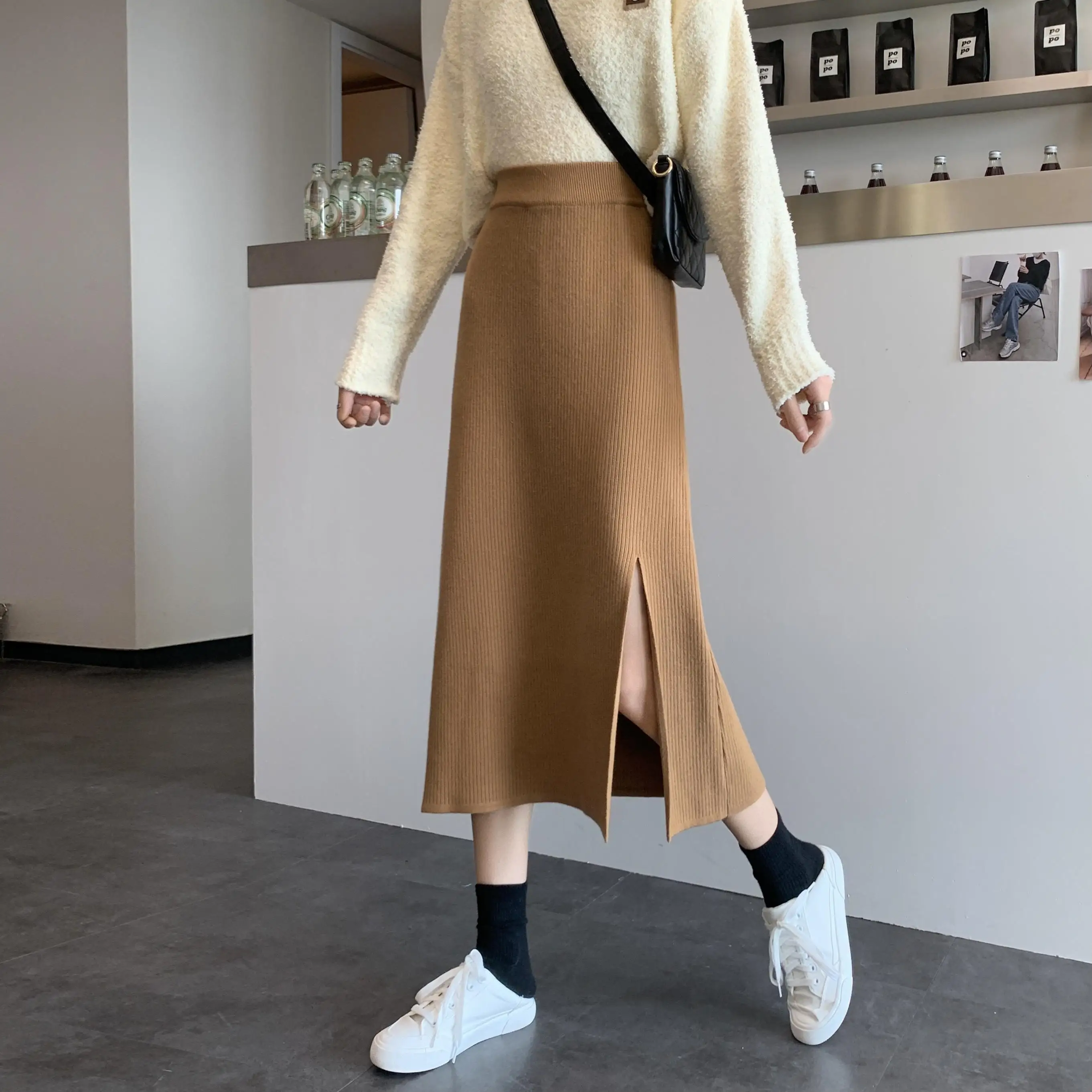 

Plain Solid Color Midi Knit Skirt Women Leisure Spring Autumn Thin Sweater Skirts Chic Split Knitted Sweater Skirt Femme