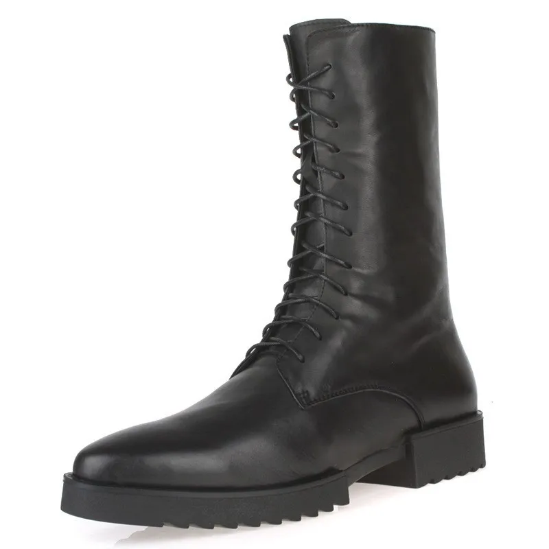 Мужские высокие ботинки до середины икры на шнуровке в байкерском стиле зимние