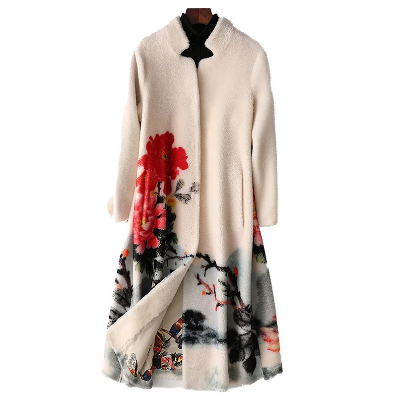 Printed Pockets Long Winter Coat  Fashion Fox Fur Collar Wool Fur Coat High Quality Outwear Luxury Overcoat Thick Warm Outwear