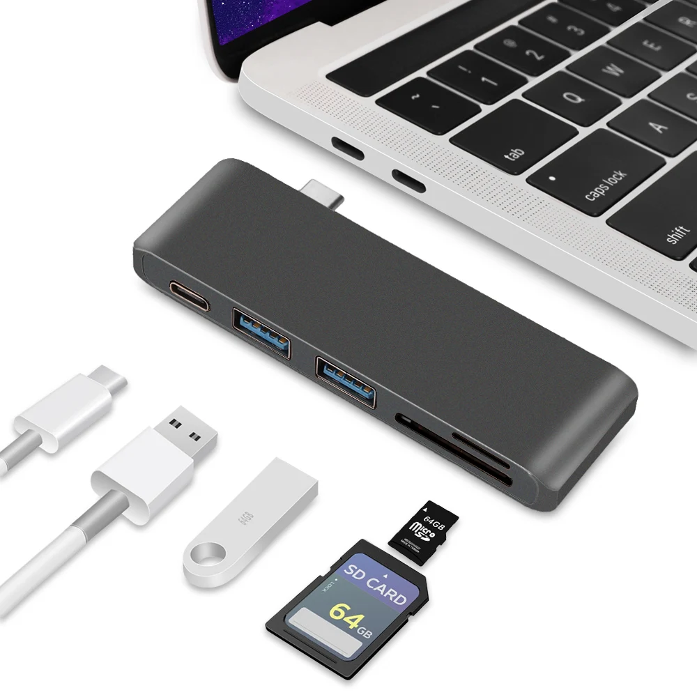 Redlai USB C концентратор для MacBook Air Pro Retina 13 дюймов /// Тип-C USB Hub адаптер с 2 портами(стандарт 3,0 Порты, PD, светодиодный дисплей, SD/TF Card Reader устройство чтения карт