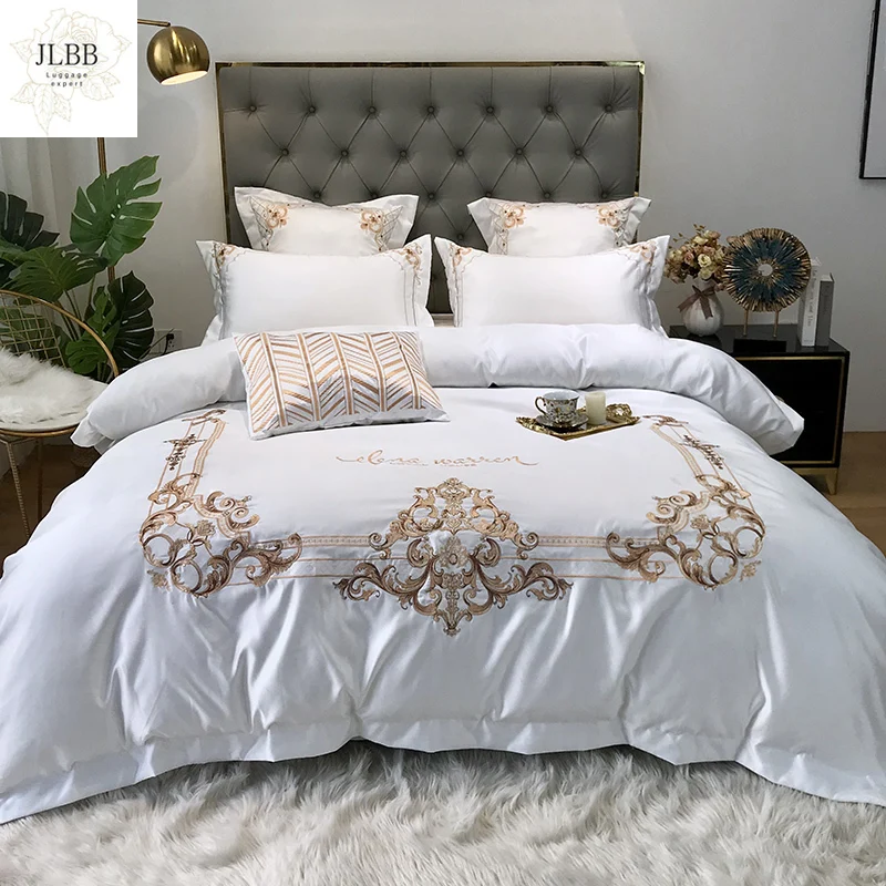 

Белый атласный хлопковый комплект постельного белья с золотой вышивкой в европейском дворцовом стиле двойной пододеяльник постельное бел...