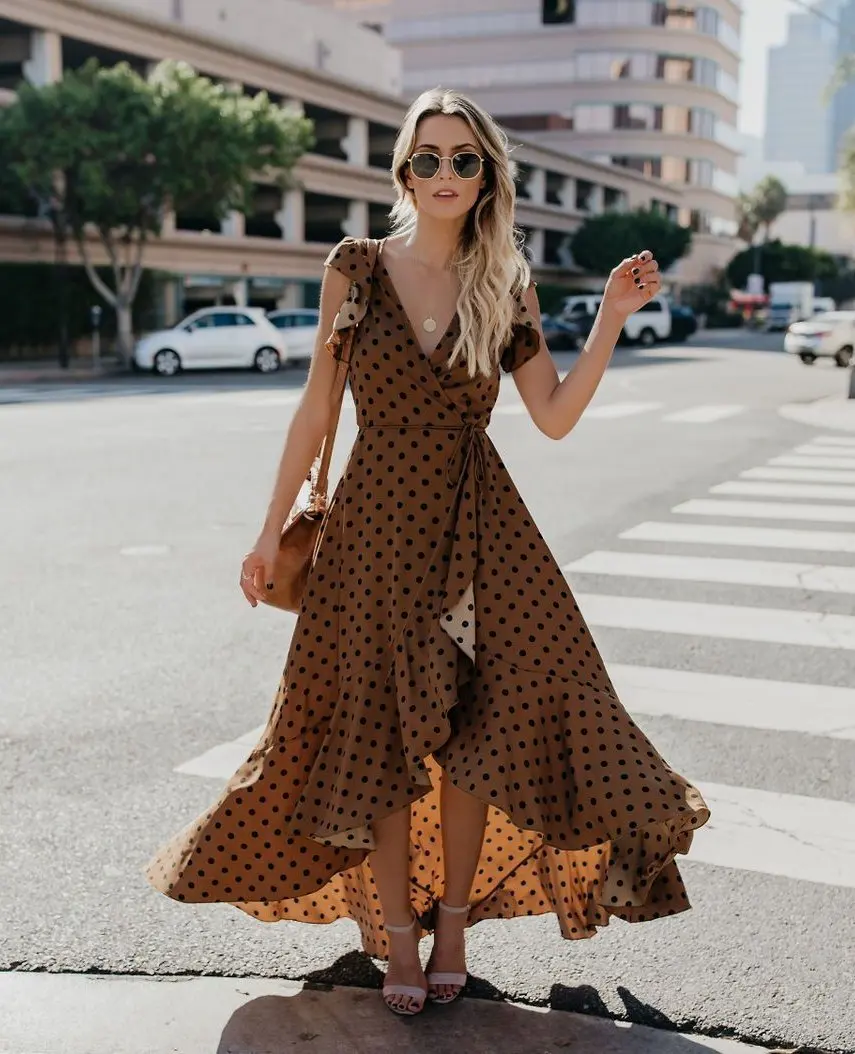 Повседневные богемные Макси платья в горошек для женщин модные летние пляжные с v